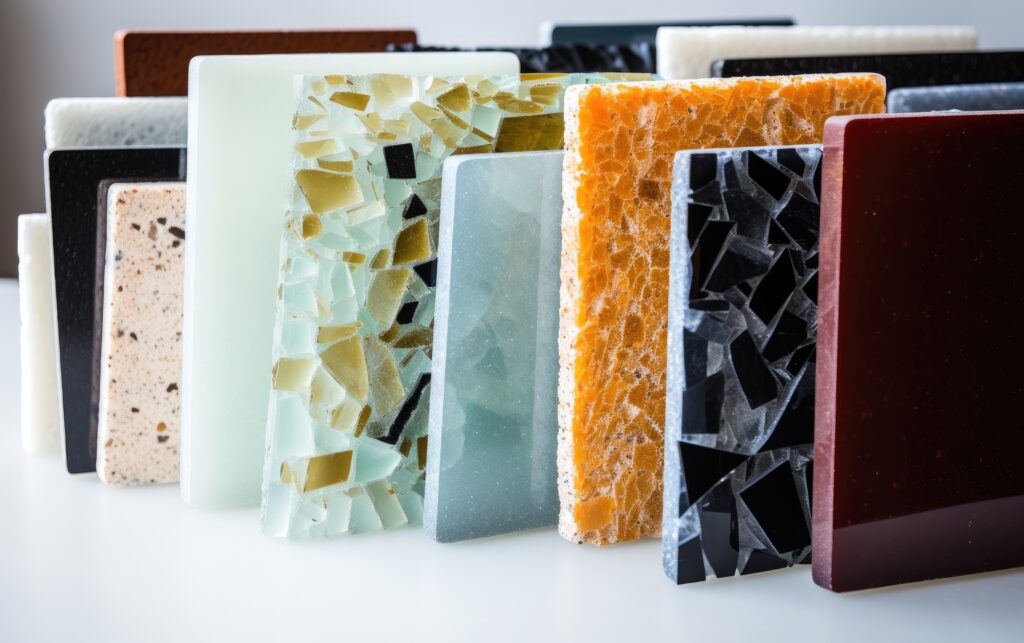 Recycled glass countertop and terrazzo surface samples